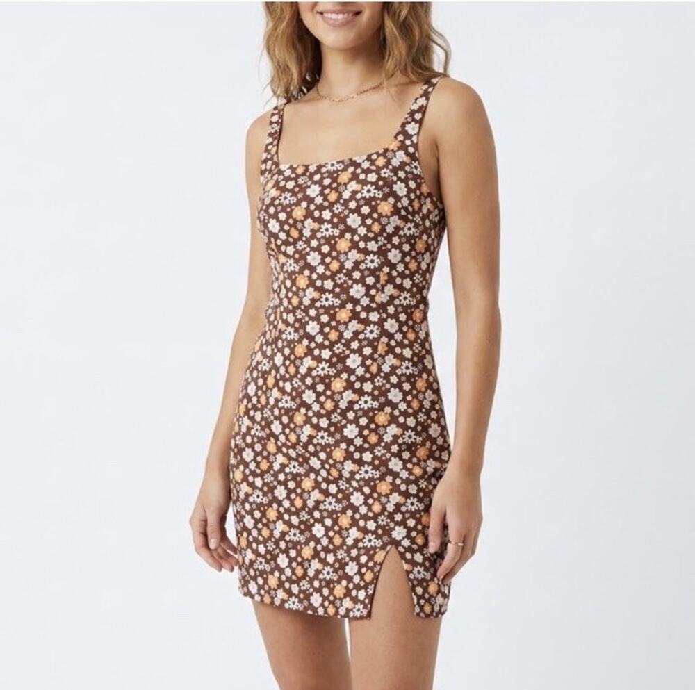 Hollister brown daisy mini dress smocked back square neck size XXS